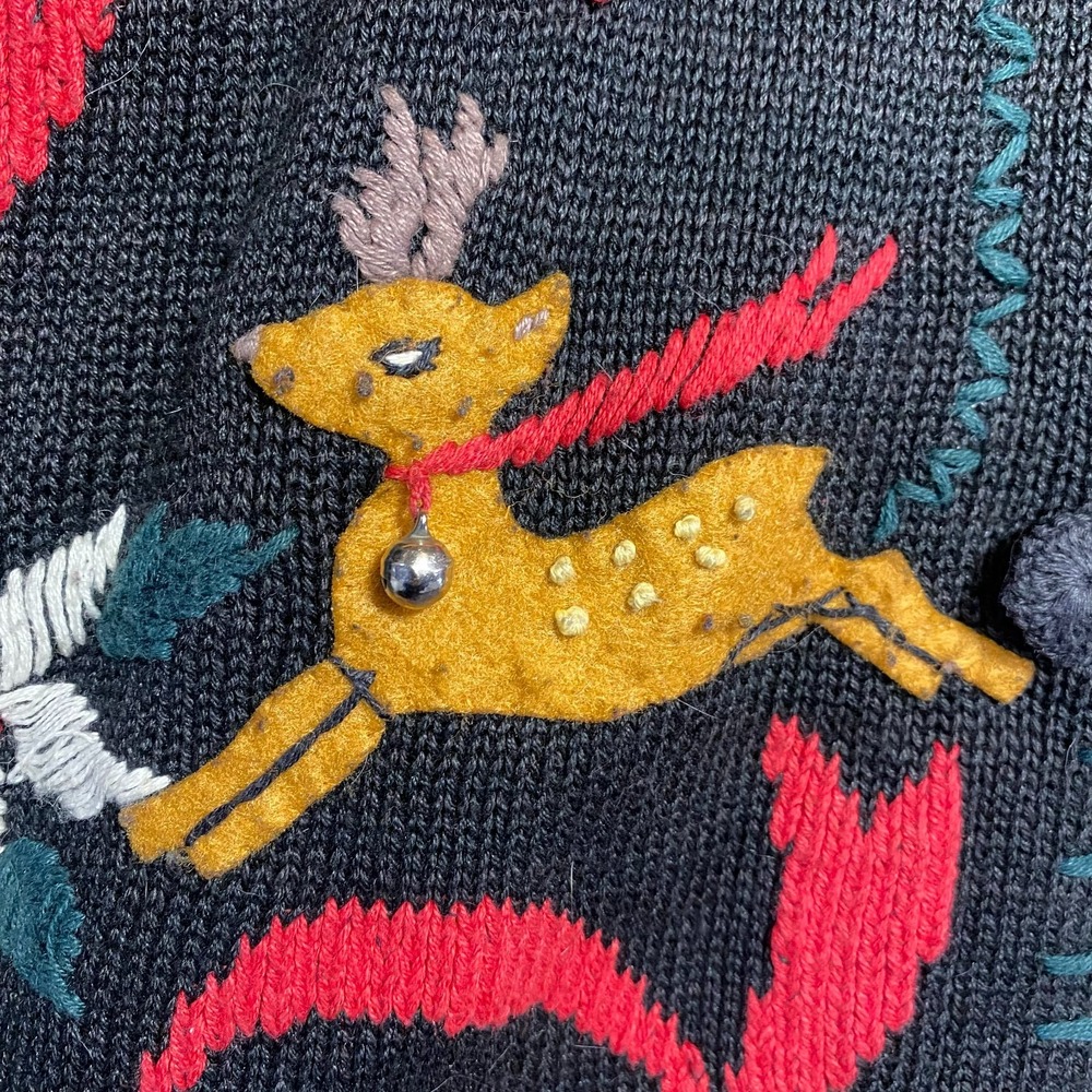 Jodi Blake Reindeer Ugly Christmas Sweater Cardigan Black Large Vintage Holiday